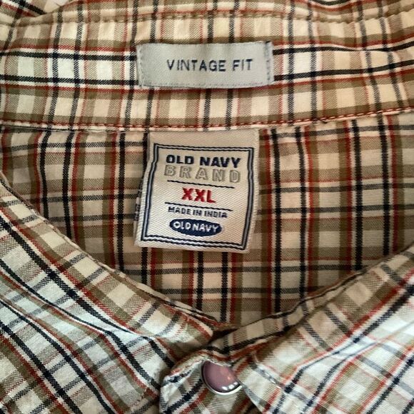 Old Navy Vintage Fit Shirt Collar Plaid Tan Blue Red Brown Snap Front Men XXL - Picture 3 of 11